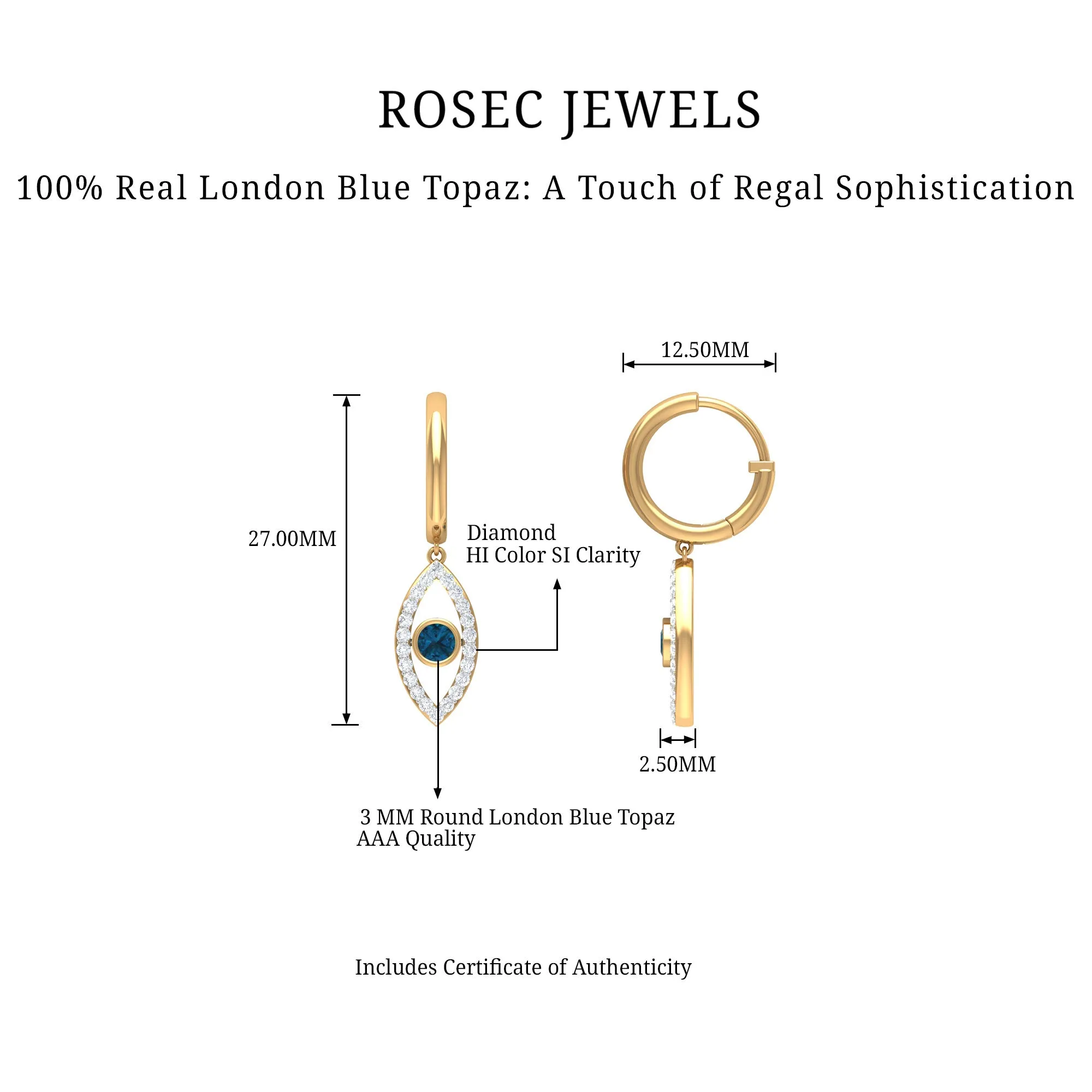 London Blue Topaz and Diamond Evil Eye Hoop Drop Earrings