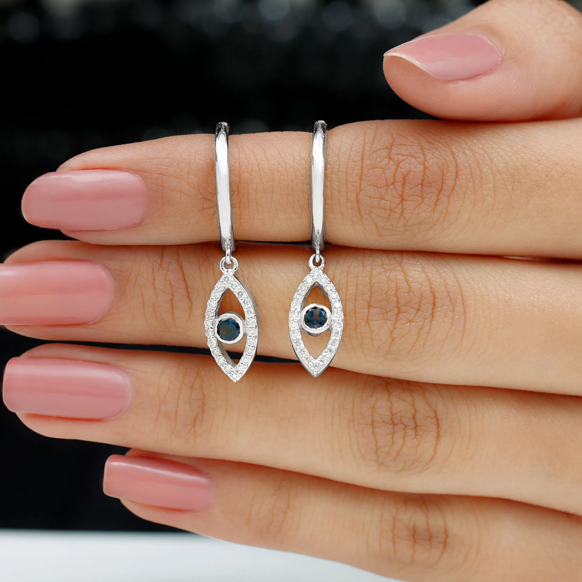 London Blue Topaz and Diamond Evil Eye Hoop Drop Earrings