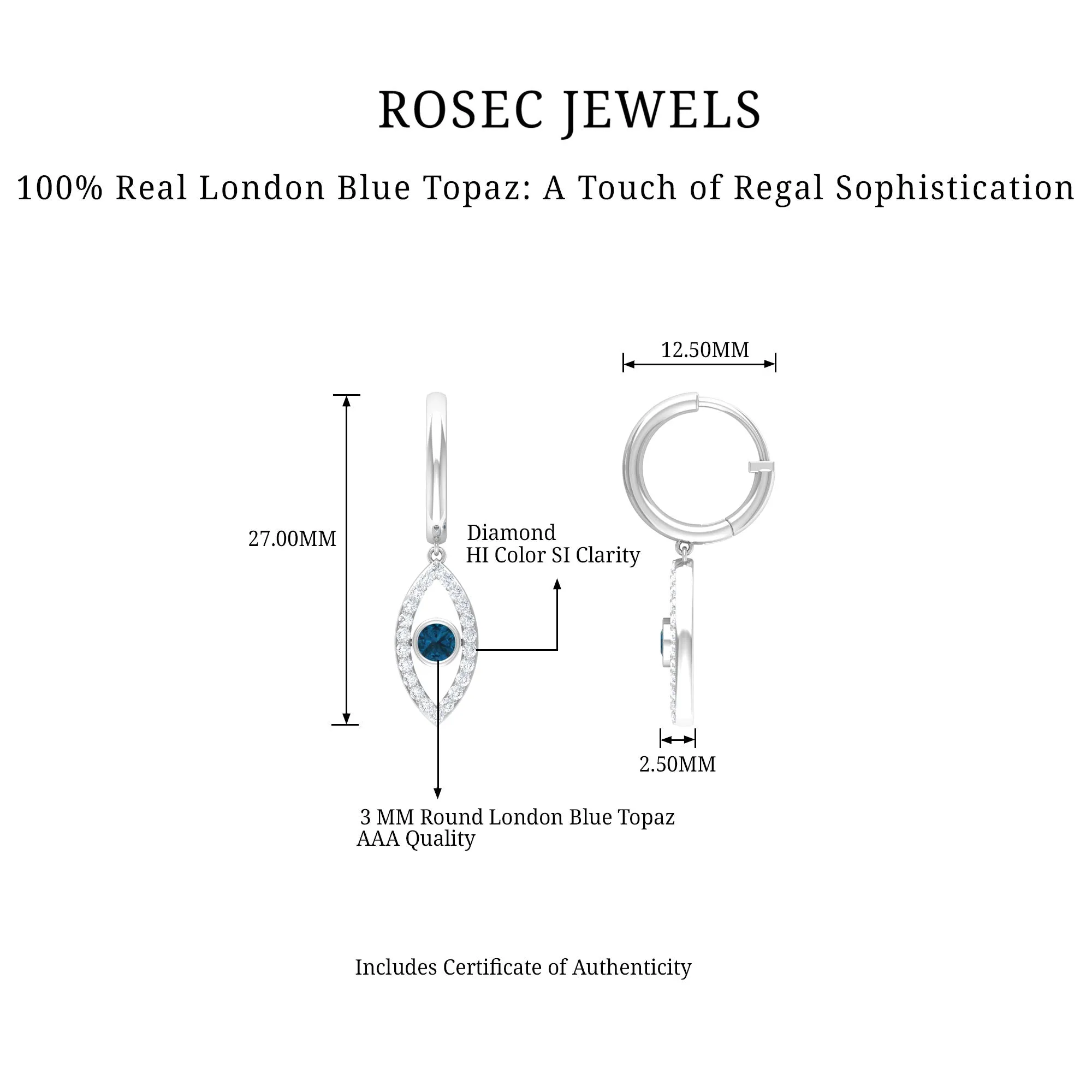 London Blue Topaz and Diamond Evil Eye Hoop Drop Earrings