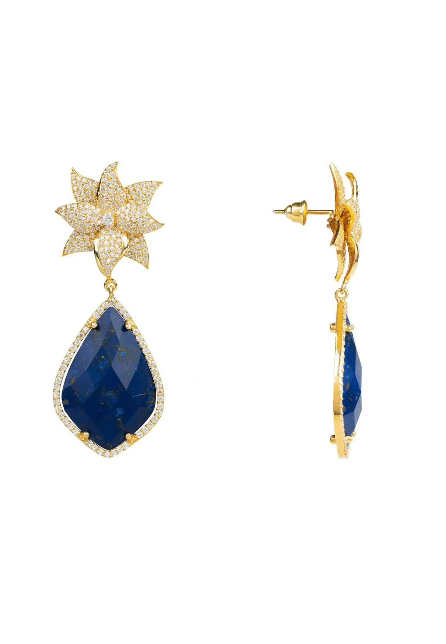 Lotus Flower Lapis Lazuli Teardrop Earrings Gold