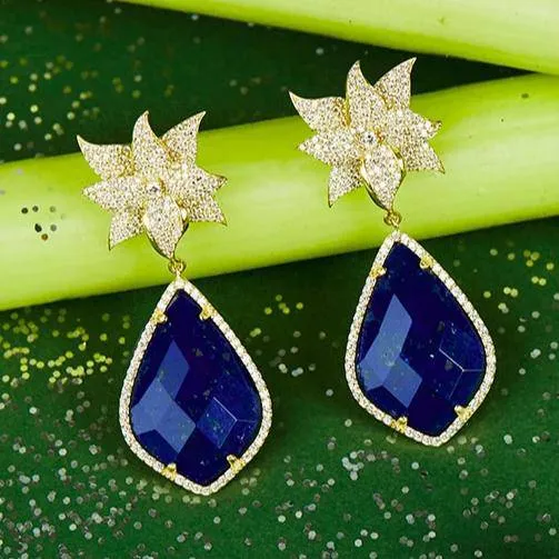 Lotus Flower Lapis Lazuli Teardrop Earrings Gold
