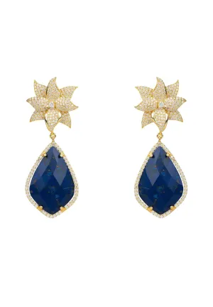 Lotus Flower Lapis Lazuli Teardrop Earrings Gold