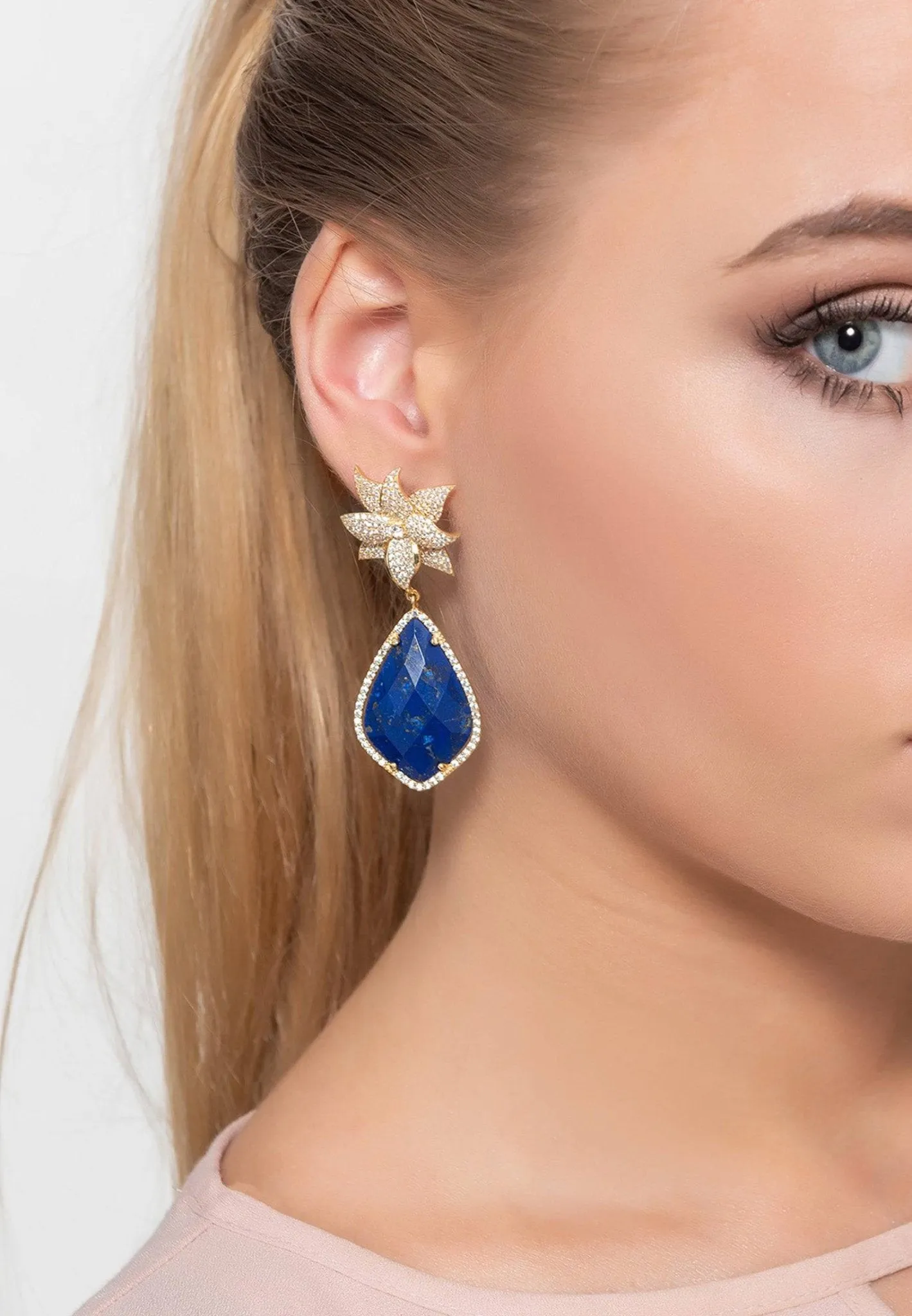 Lotus Flower Lapis Lazuli Teardrop Earrings Gold