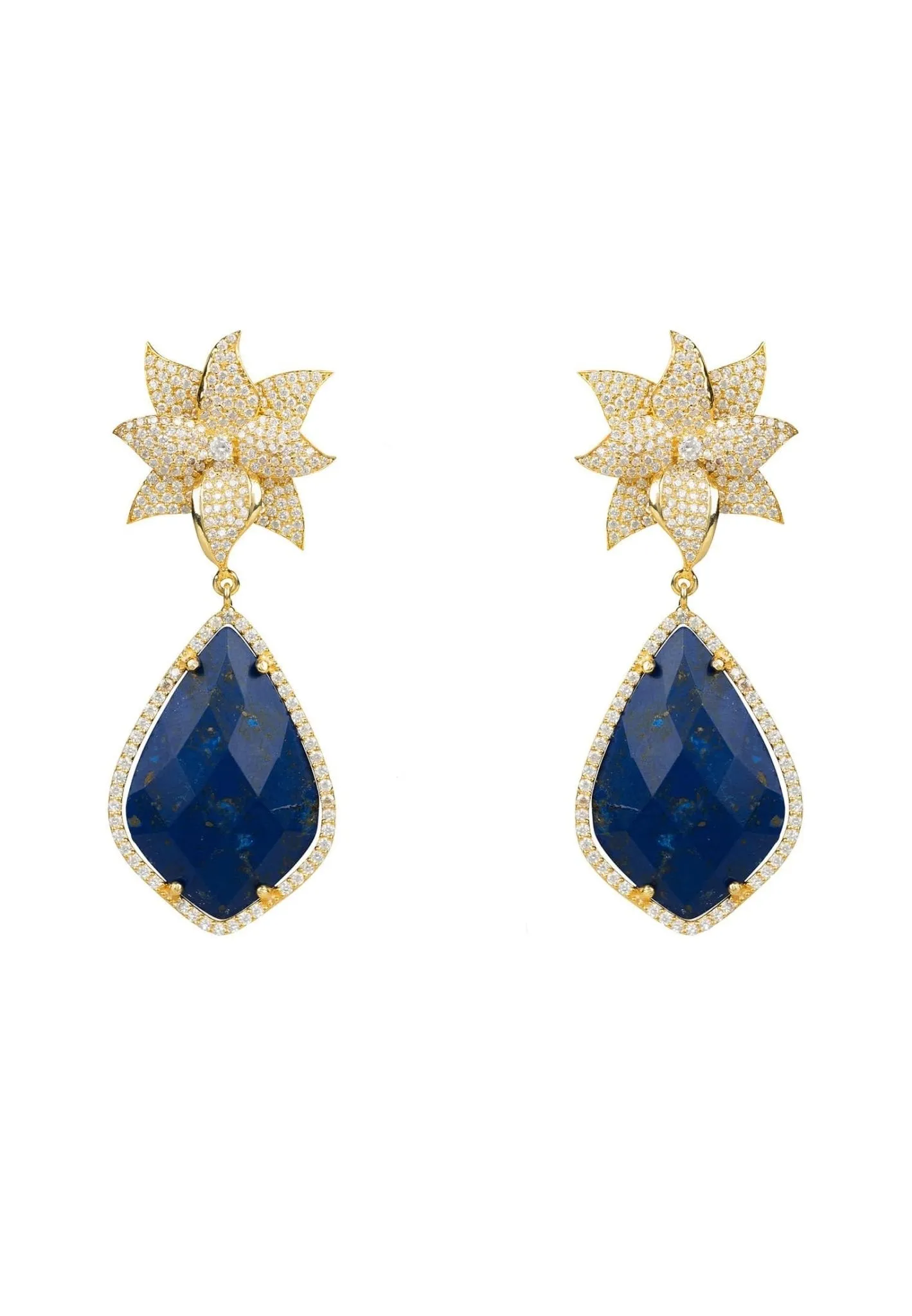 Lotus Flower Lapis Lazuli Teardrop Earrings Gold