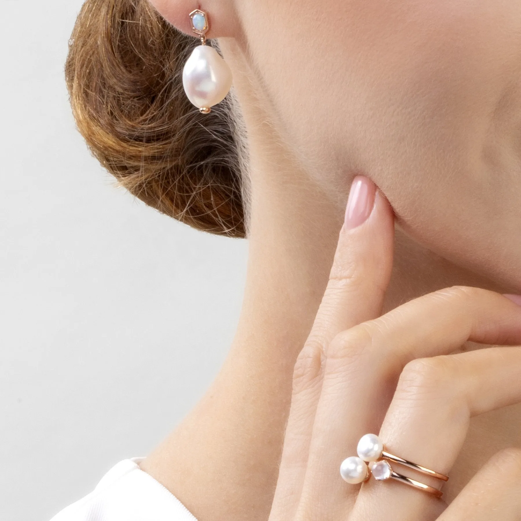 Moderne Barockperle & Opal Tropfen Ohrringe in Rose Vergoldetem Sterling Silber