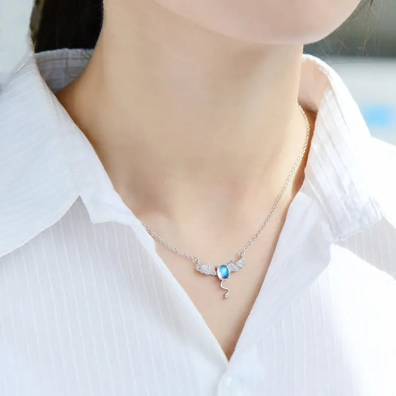 Moonstone Little Devil Pendant Necklace in White Gold Plated Silver Jewelry for Women
