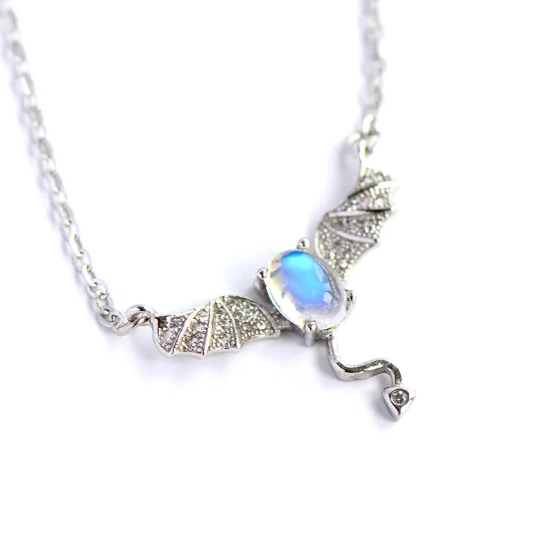 Moonstone Little Devil Pendant Necklace in White Gold Plated Silver Jewelry for Women
