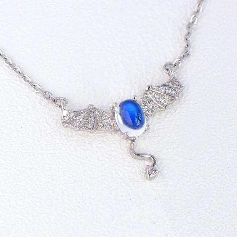 Moonstone Little Devil Pendant Necklace in White Gold Plated Silver Jewelry for Women