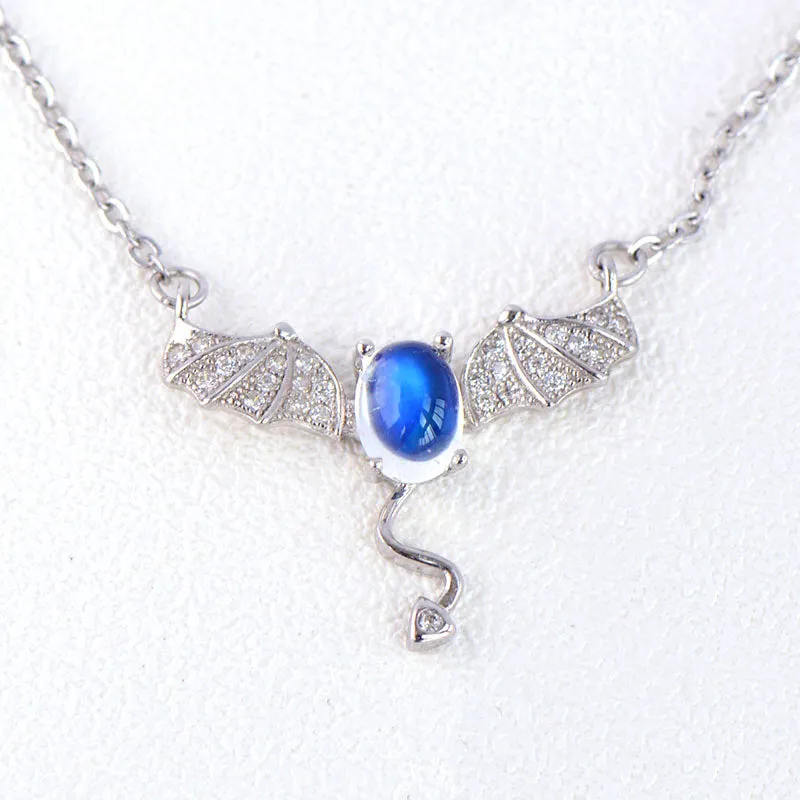 Moonstone Little Devil Pendant Necklace in White Gold Plated Silver Jewelry for Women