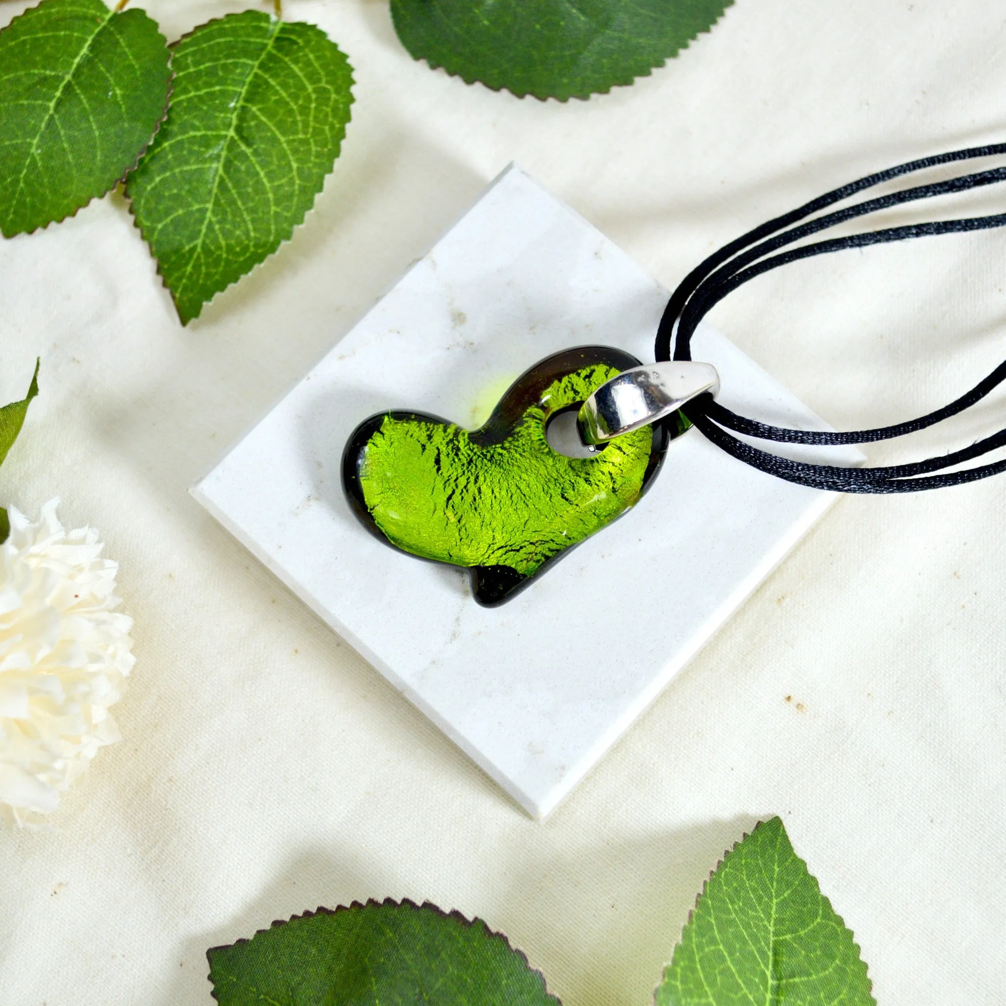 Murano Glass Solid Heart Pendant Necklace, Colored Hearts, Made in Italy