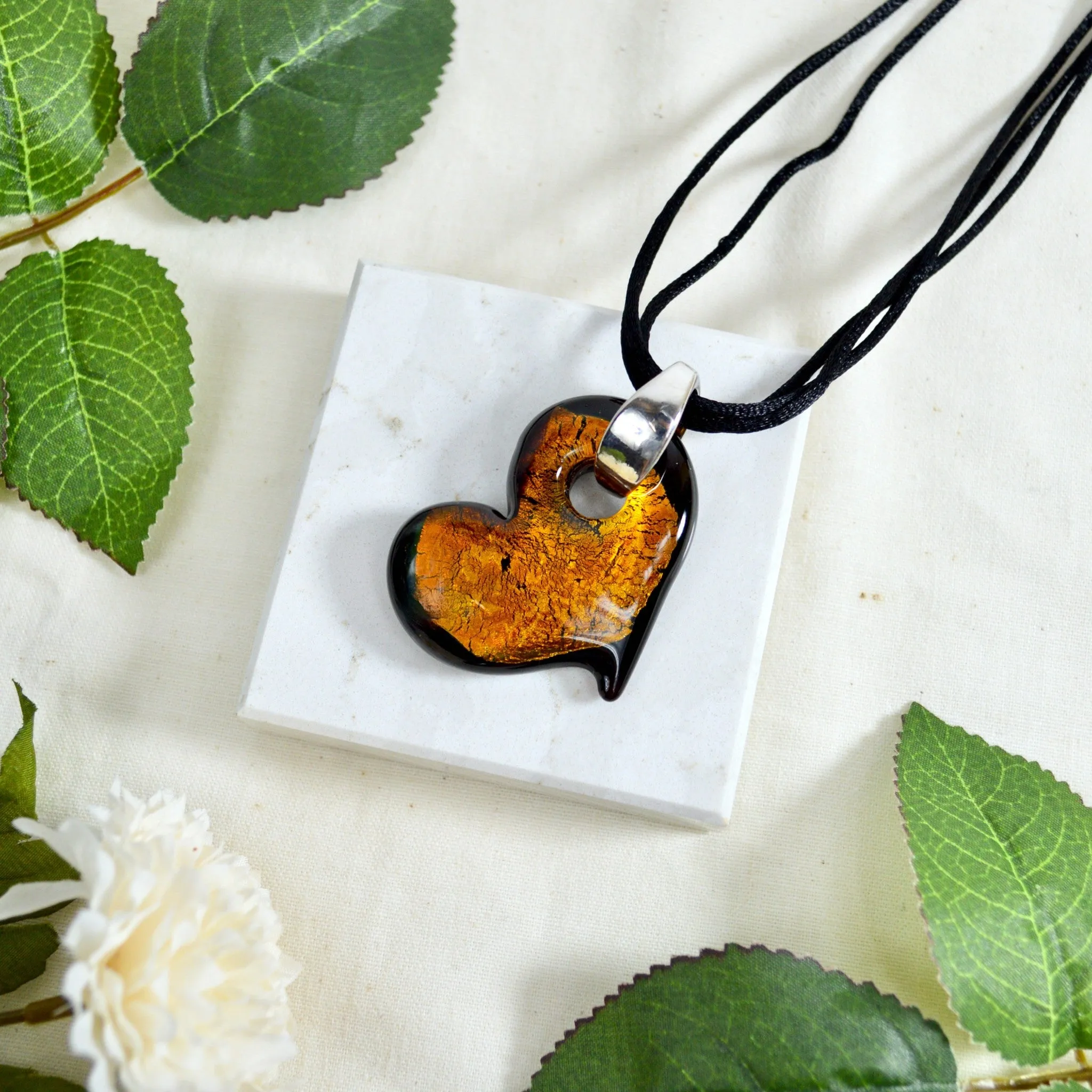 Murano Glass Solid Heart Pendant Necklace, Colored Hearts, Made in Italy