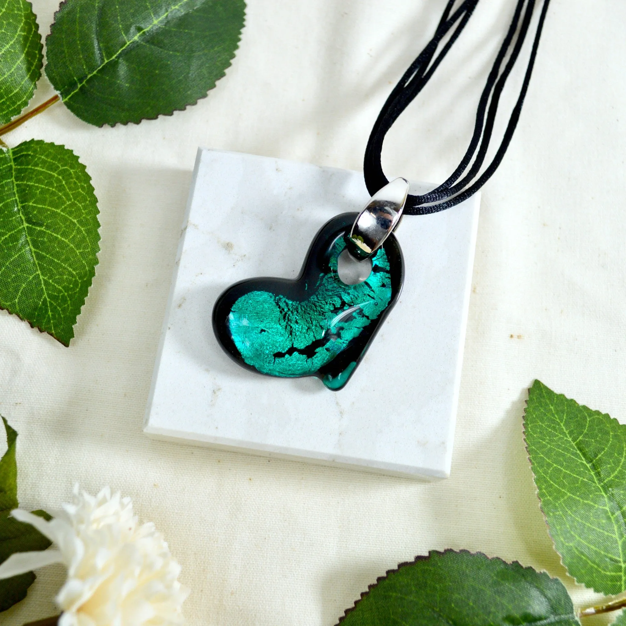 Murano Glass Solid Heart Pendant Necklace, Colored Hearts, Made in Italy