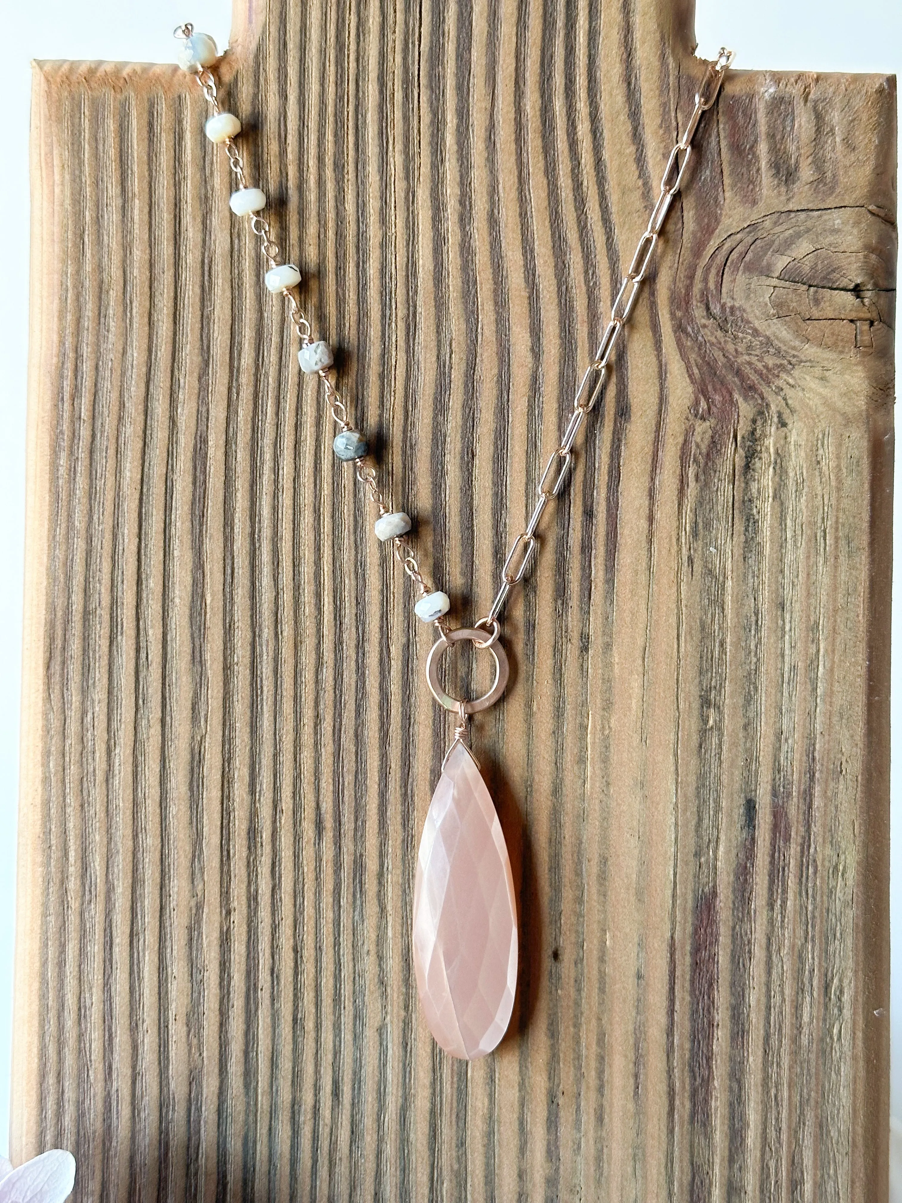 N2316 - rose gf peach moonstone and opal asymmetrical necklace