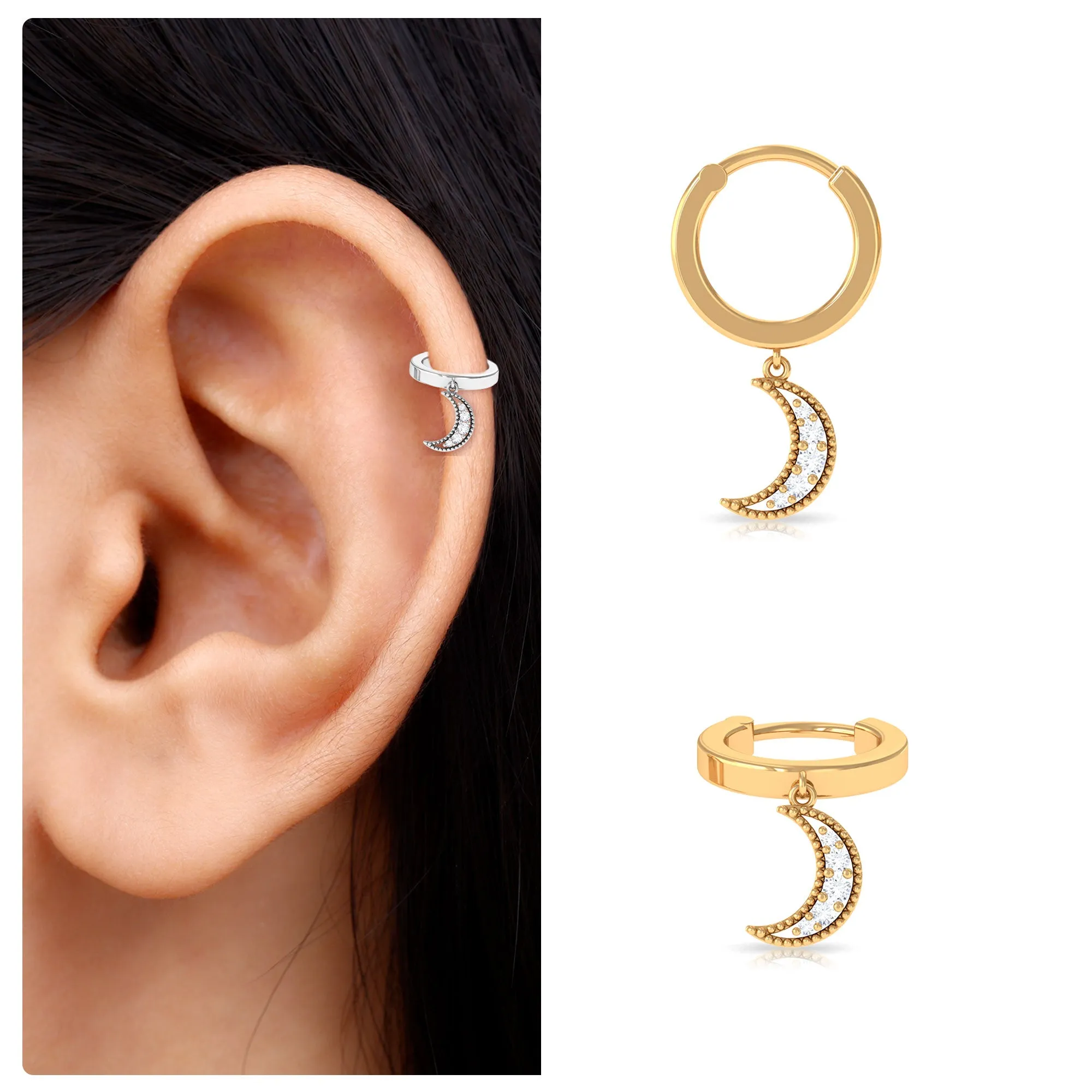 Natural Diamond Moon Dangling Hoop Earring