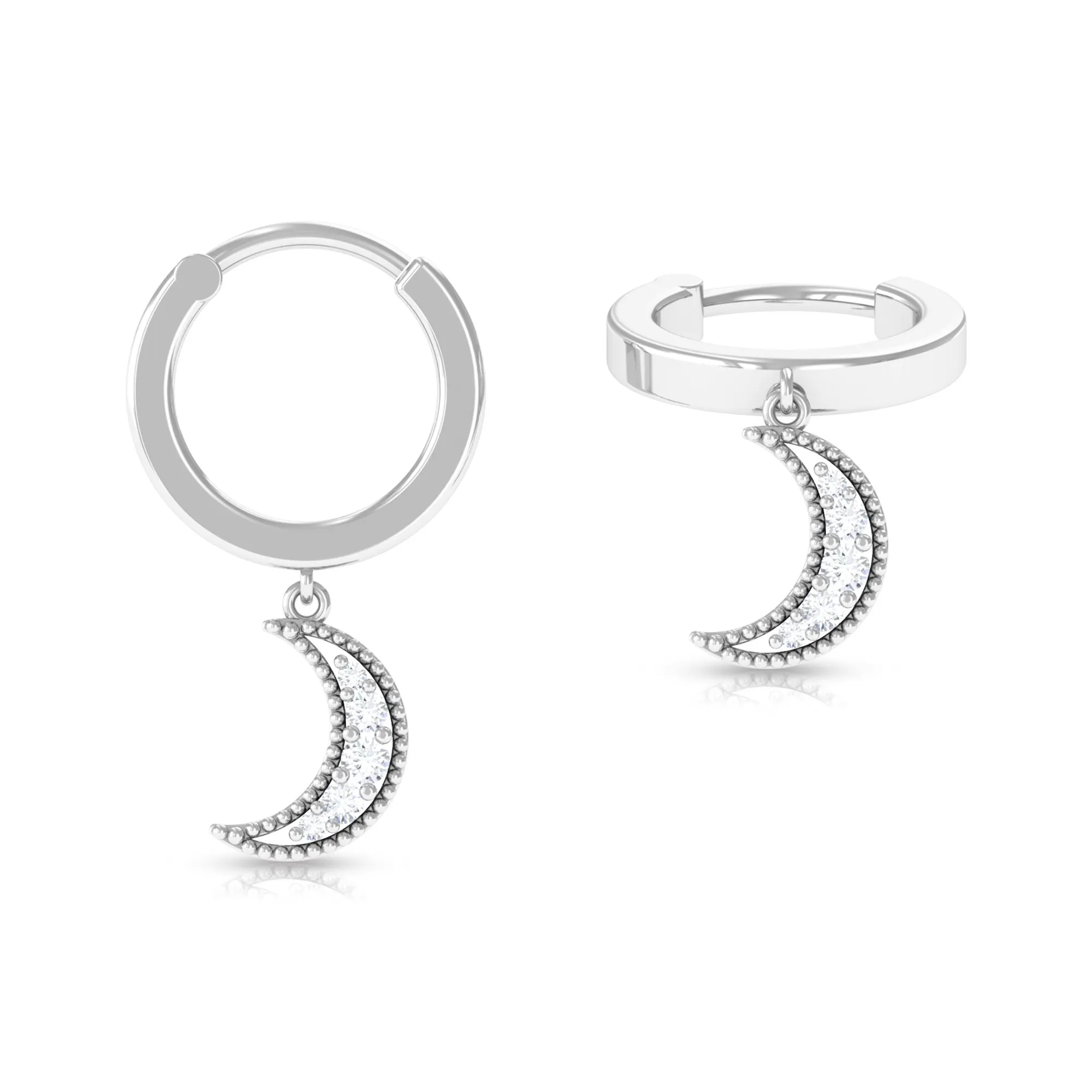 Natural Diamond Moon Dangling Hoop Earring