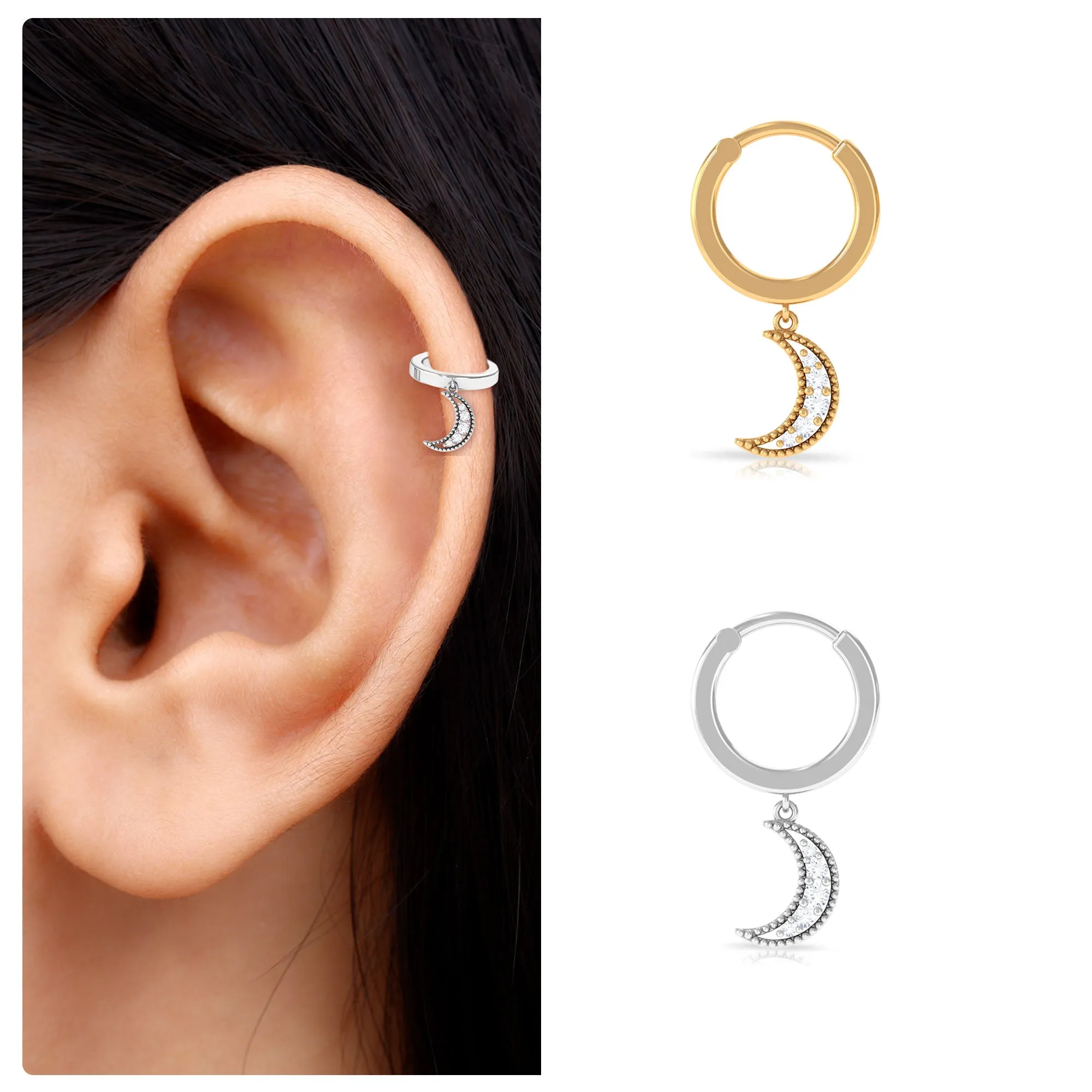 Natural Diamond Moon Dangling Hoop Earring