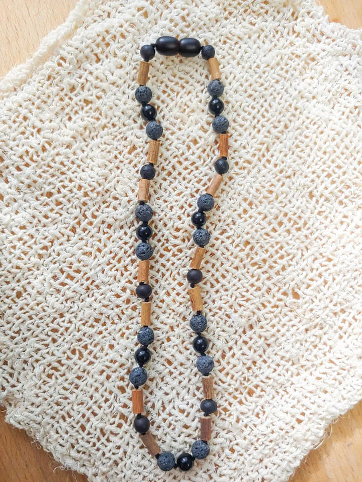 Obsidian, Lava Rock , Hazelwood   Raw Cherry Baltic Amber Necklace