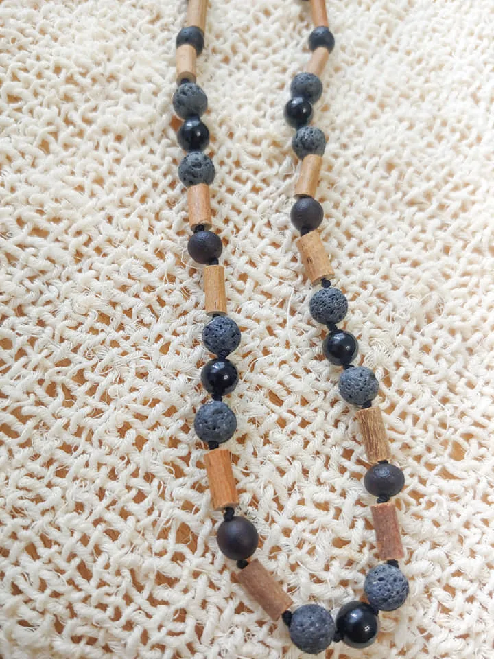 Obsidian, Lava Rock , Hazelwood   Raw Cherry Baltic Amber Necklace