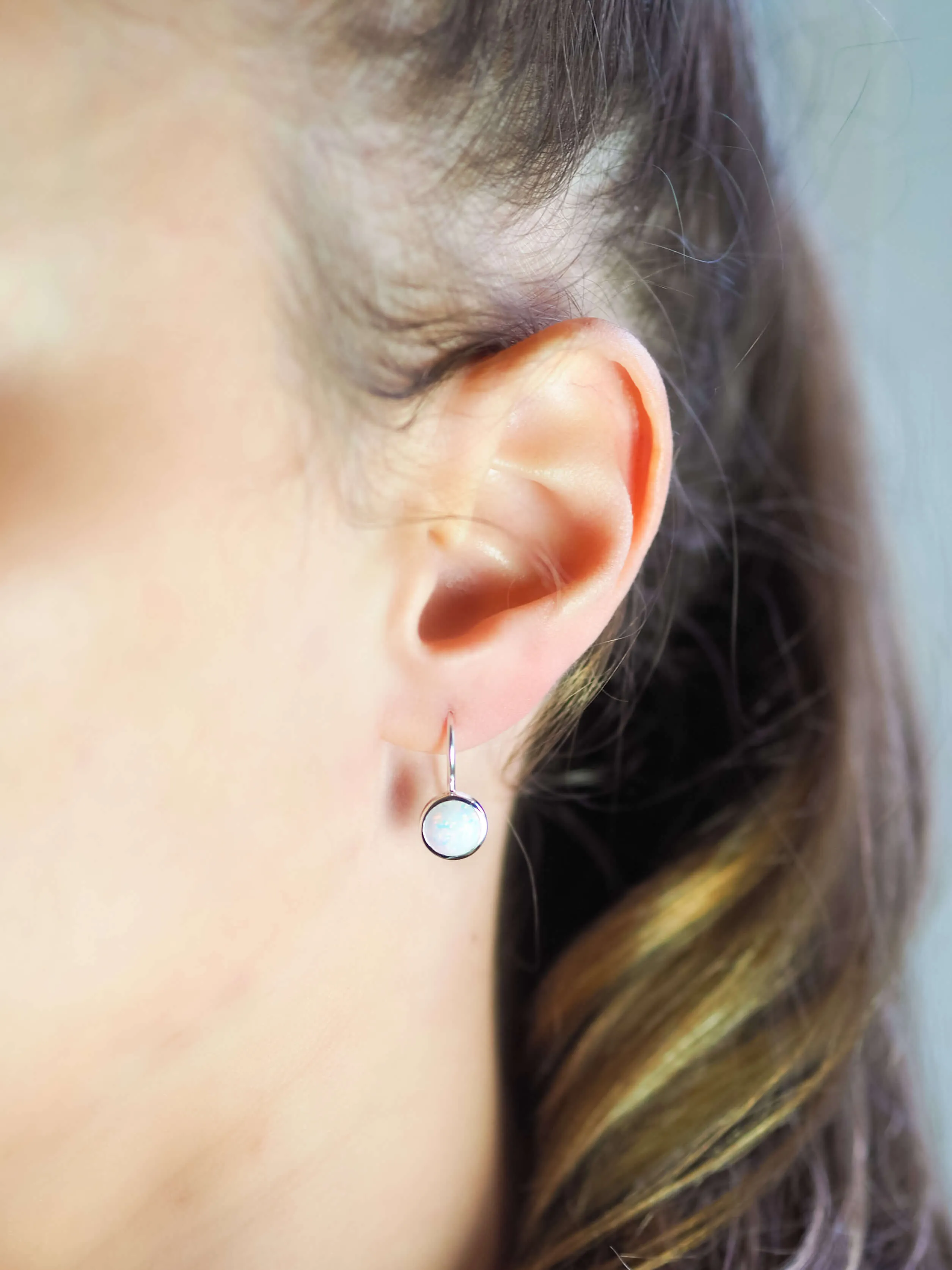 Opal Bezel Round Drop Hook Earrings