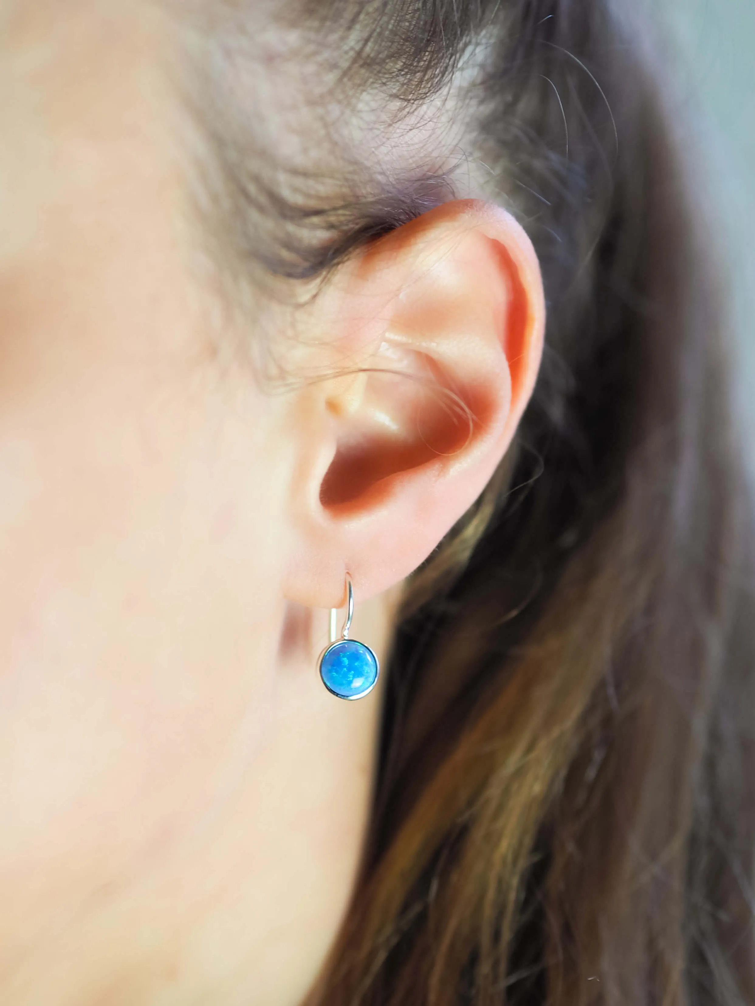 Opal Bezel Round Drop Hook Earrings