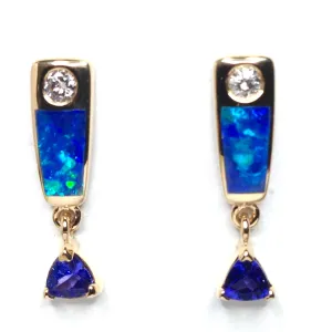 Opal Earrings Inlaid with Trillion Cut Tanzanite and .11ctw Diamonds