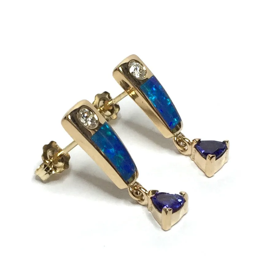 Opal Earrings Inlaid with Trillion Cut Tanzanite and .11ctw Diamonds