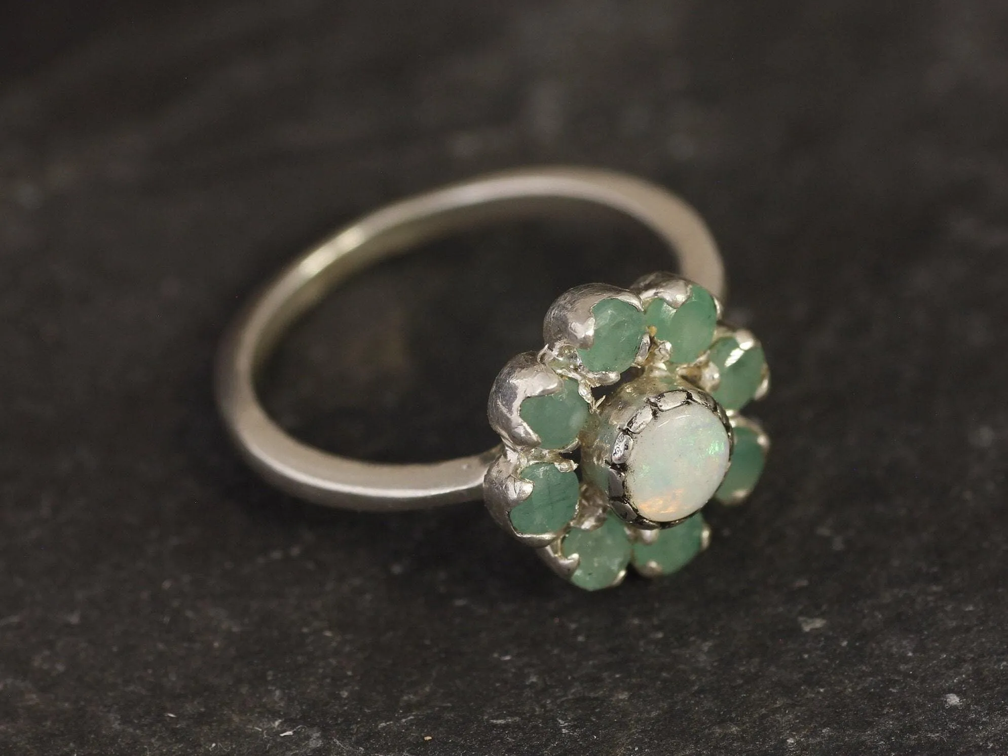 Opal Flower Ring - Genuine Emerald Ring -  Vintage Cocktail Ring