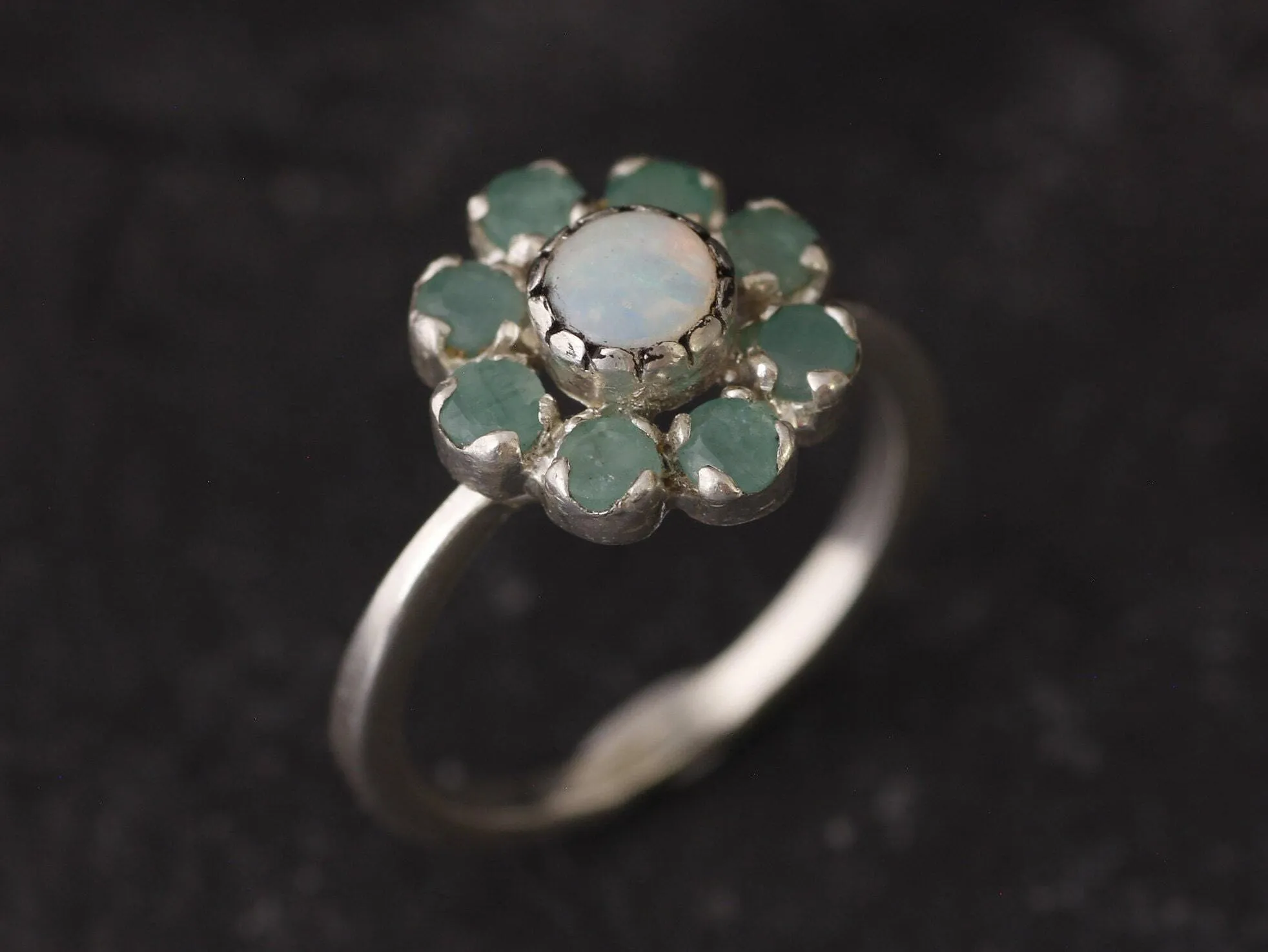 Opal Flower Ring - Genuine Emerald Ring -  Vintage Cocktail Ring