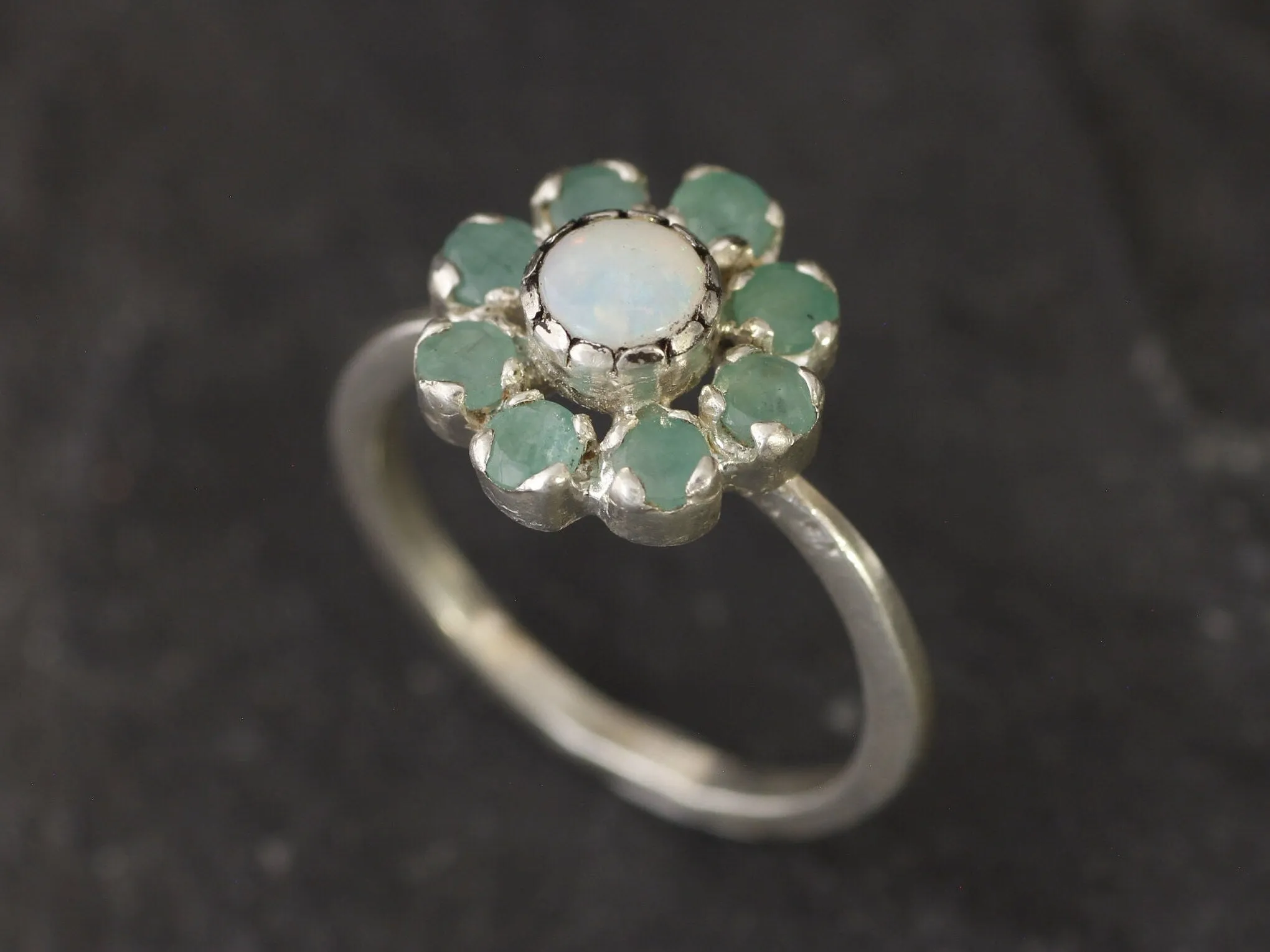 Opal Flower Ring - Genuine Emerald Ring -  Vintage Cocktail Ring