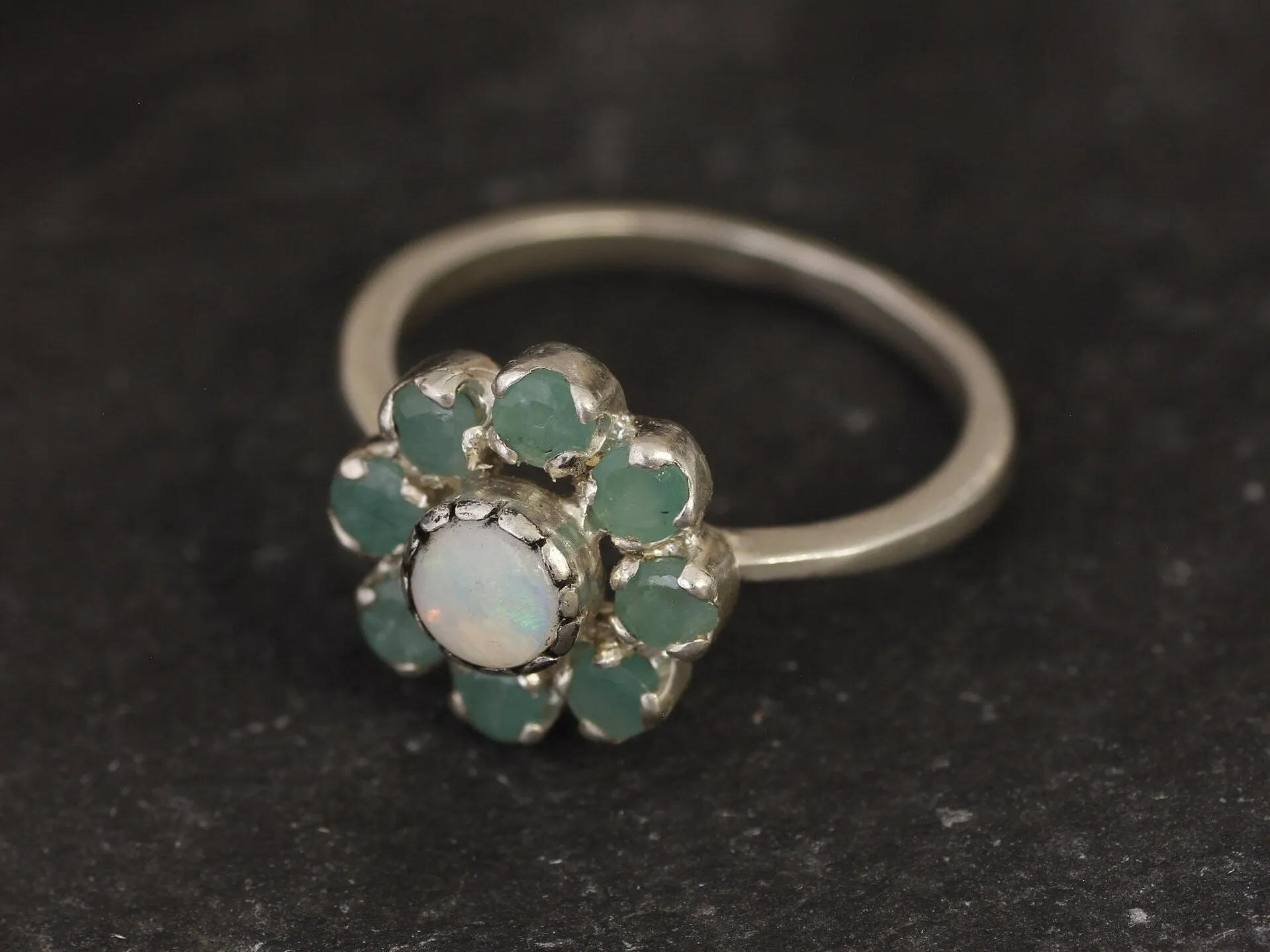 Opal Flower Ring - Genuine Emerald Ring -  Vintage Cocktail Ring