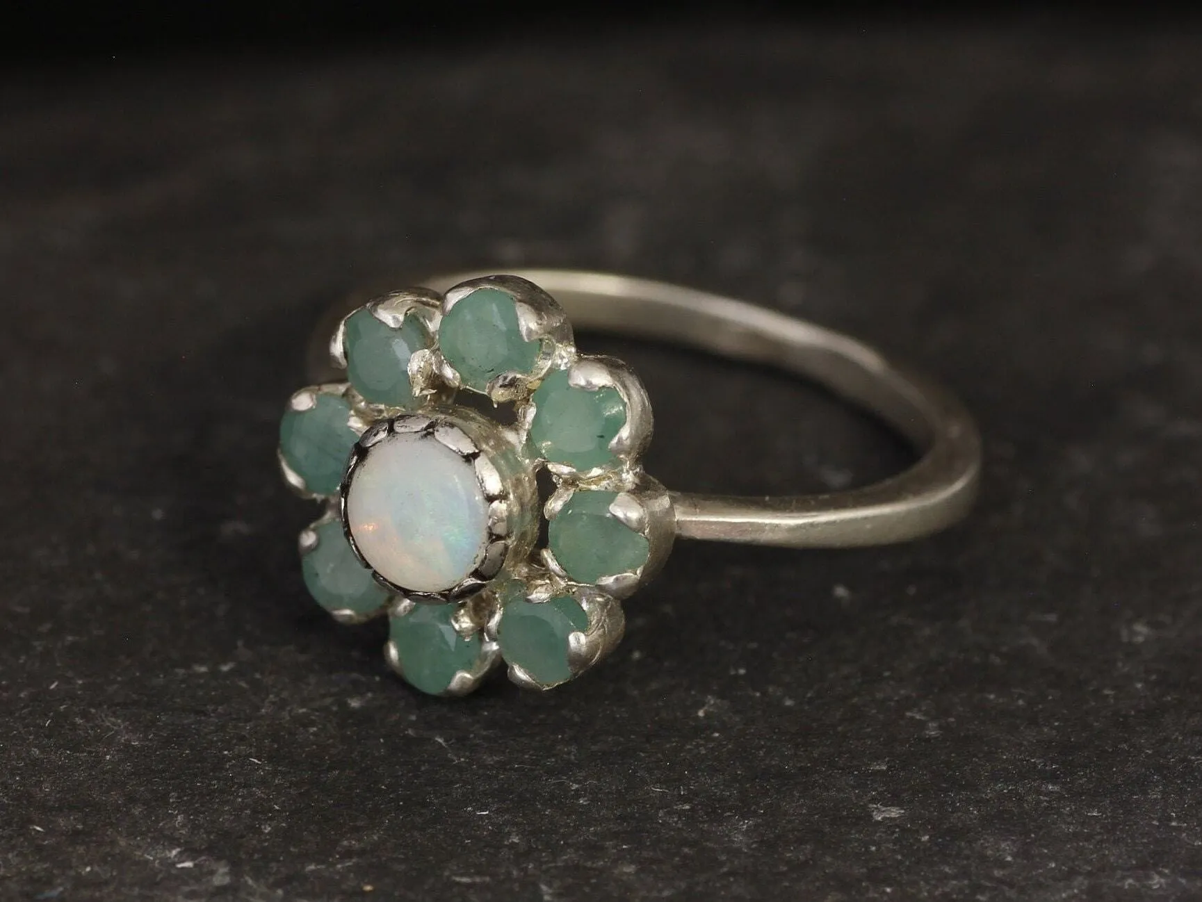 Opal Flower Ring - Genuine Emerald Ring -  Vintage Cocktail Ring