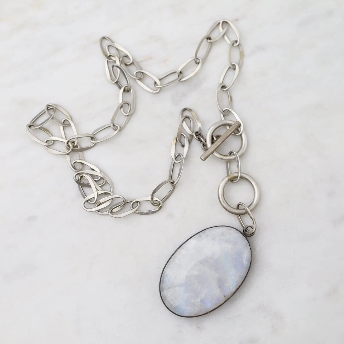Oval Cabochon Rainbow Moonstone Toggle Necklace