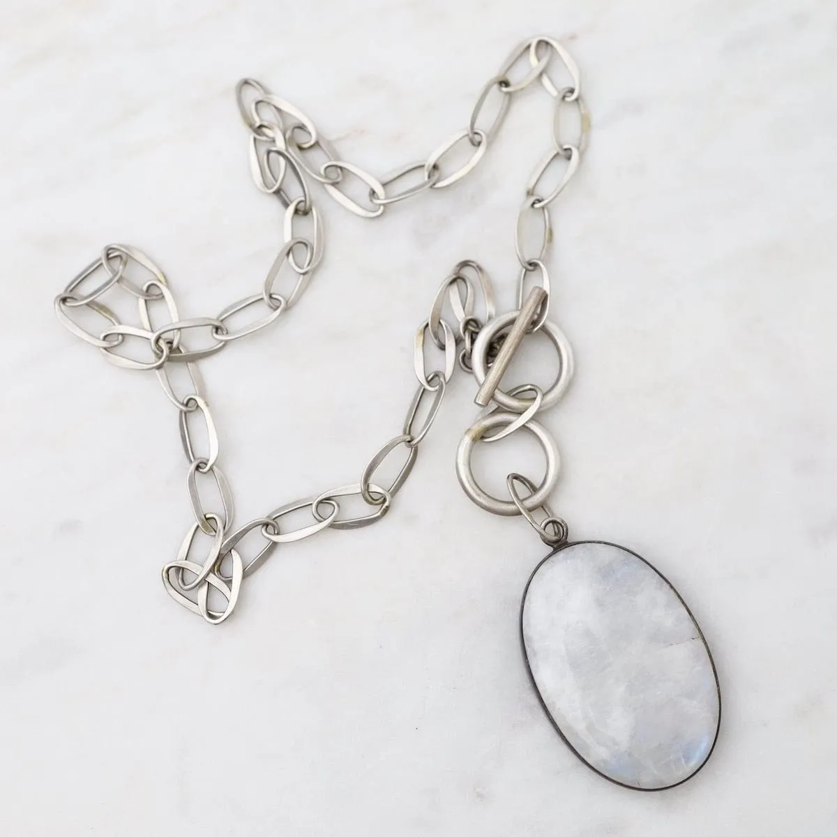 Oval Cabochon Rainbow Moonstone Toggle Necklace