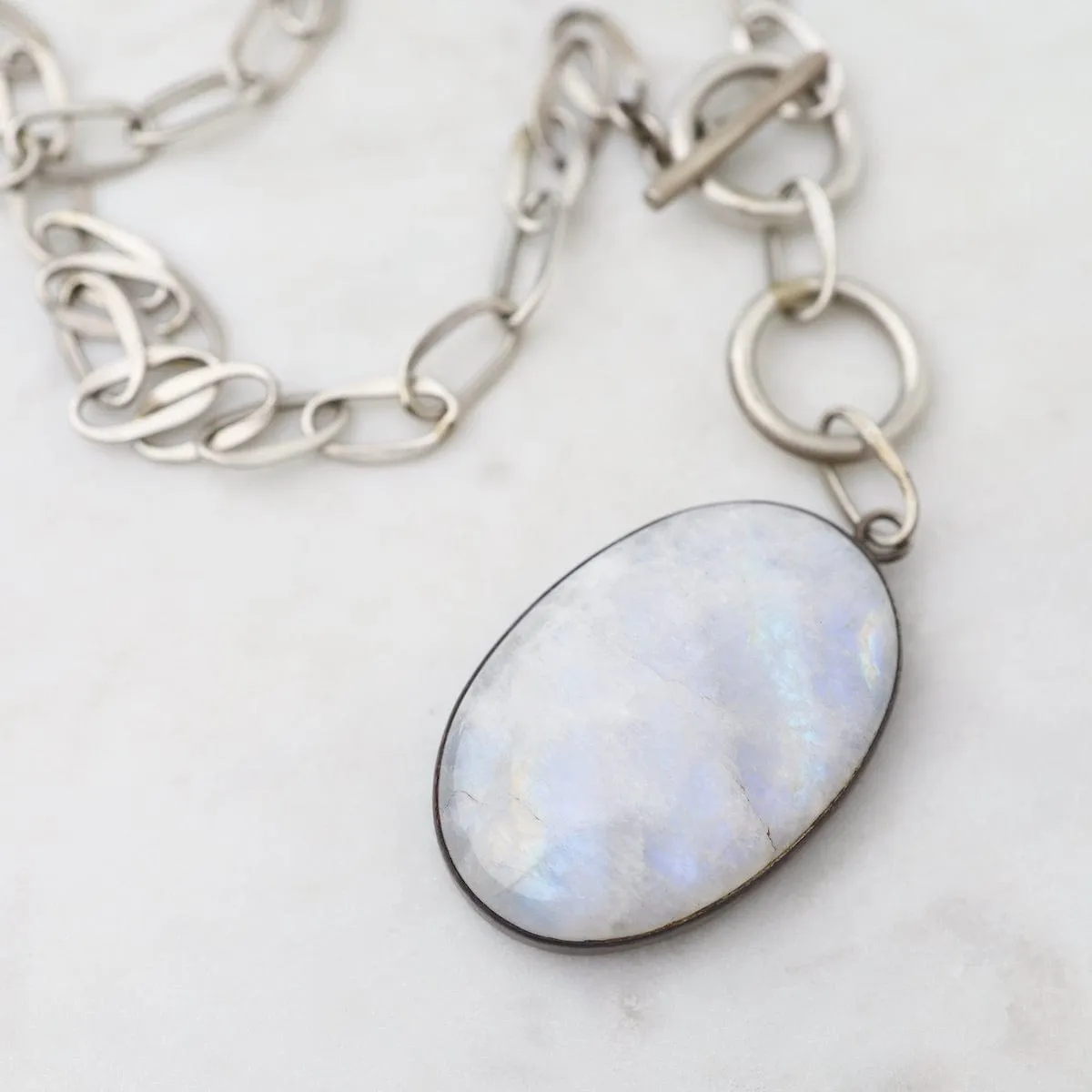 Oval Cabochon Rainbow Moonstone Toggle Necklace