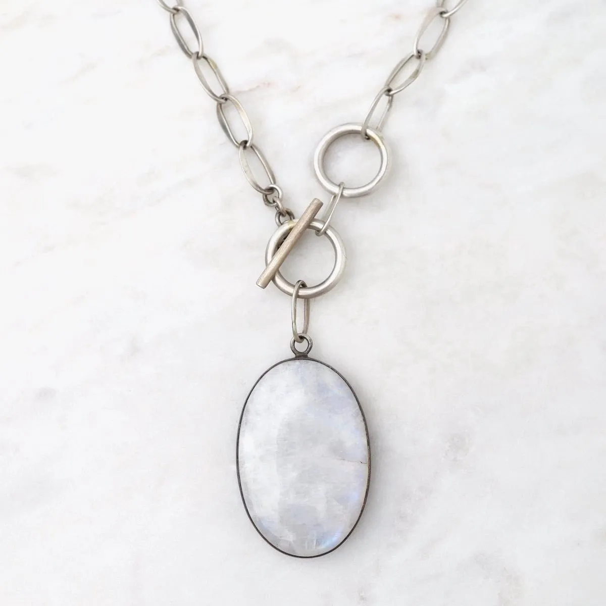 Oval Cabochon Rainbow Moonstone Toggle Necklace