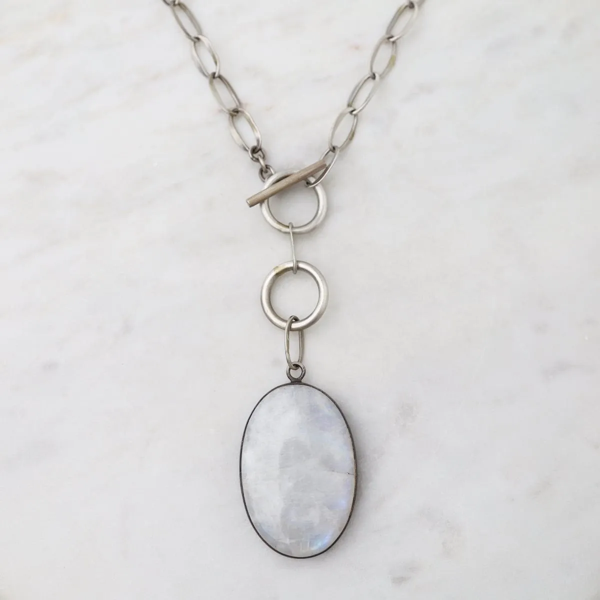 Oval Cabochon Rainbow Moonstone Toggle Necklace