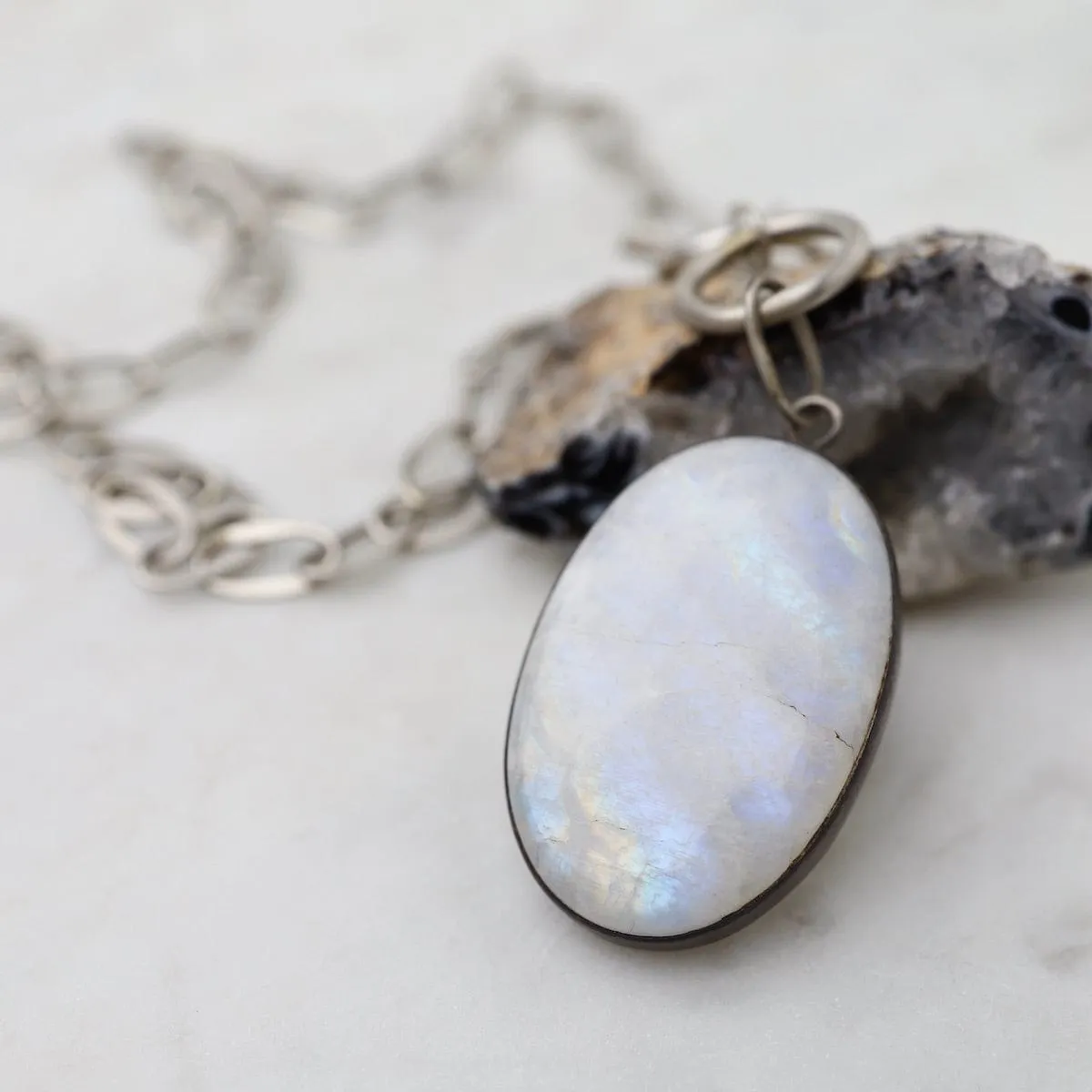 Oval Cabochon Rainbow Moonstone Toggle Necklace