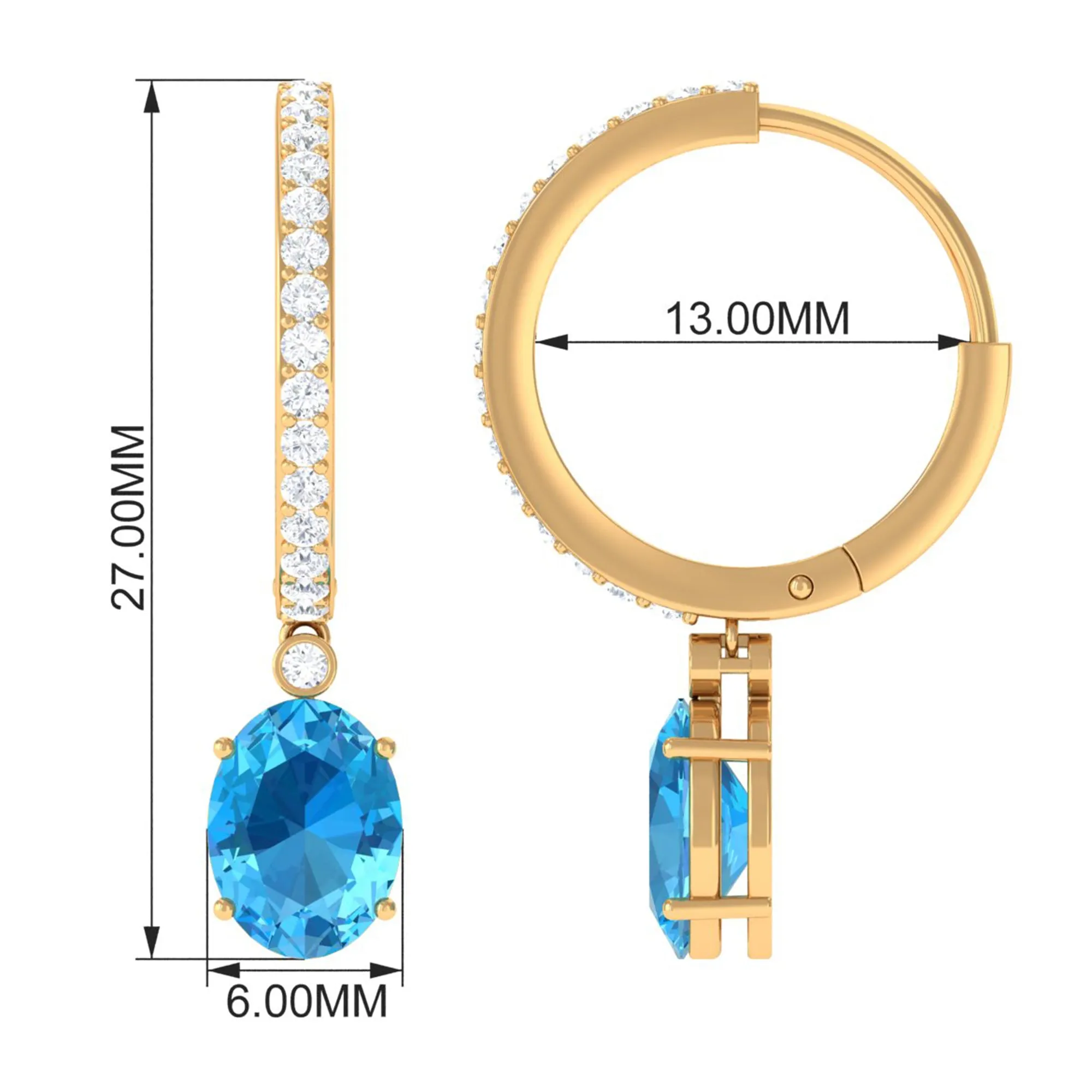 Oval Swiss Blue Topaz and Diamond Hoop Drop Earrings