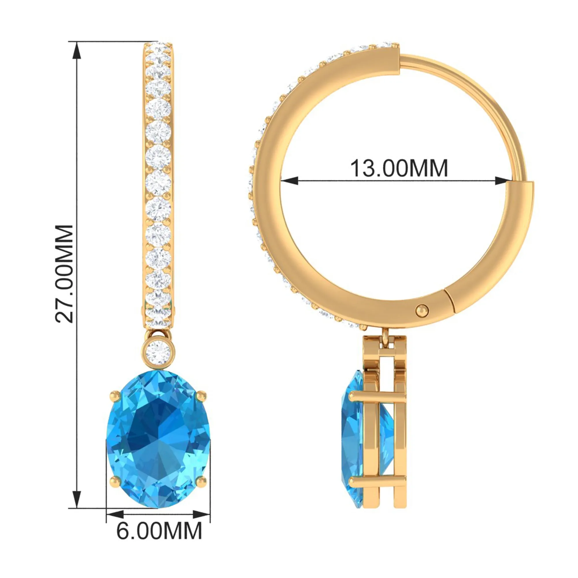 Oval Swiss Blue Topaz and Diamond Hoop Drop Earrings