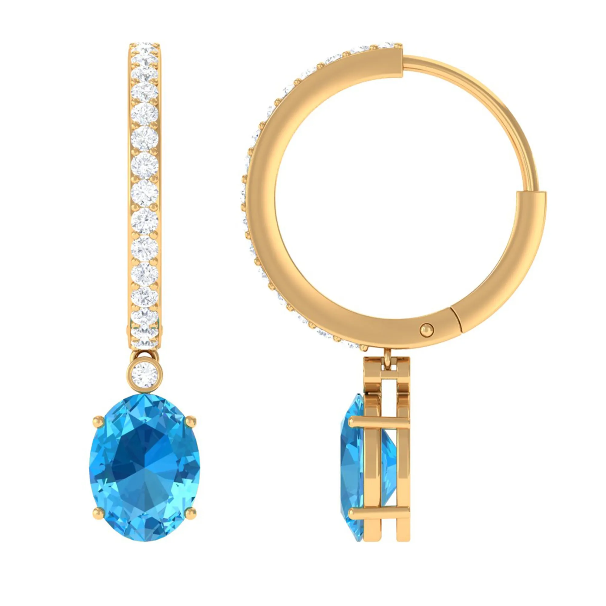 Oval Swiss Blue Topaz and Diamond Hoop Drop Earrings