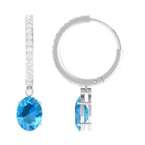 Oval Swiss Blue Topaz and Diamond Hoop Drop Earrings