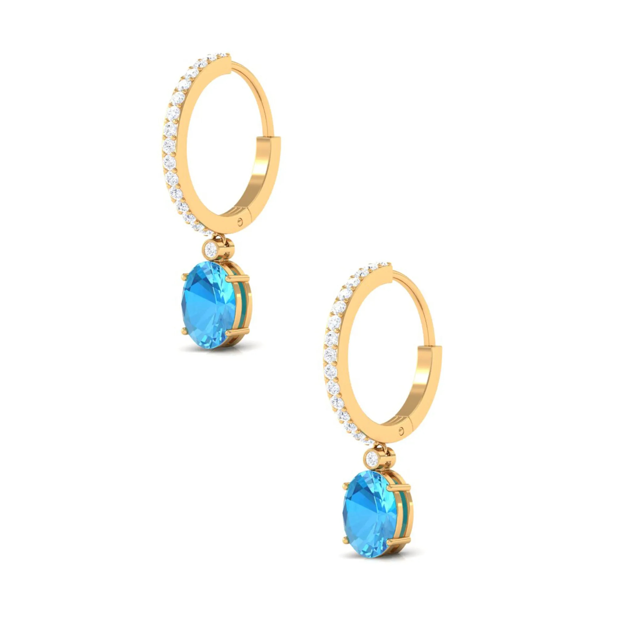 Oval Swiss Blue Topaz and Diamond Hoop Drop Earrings