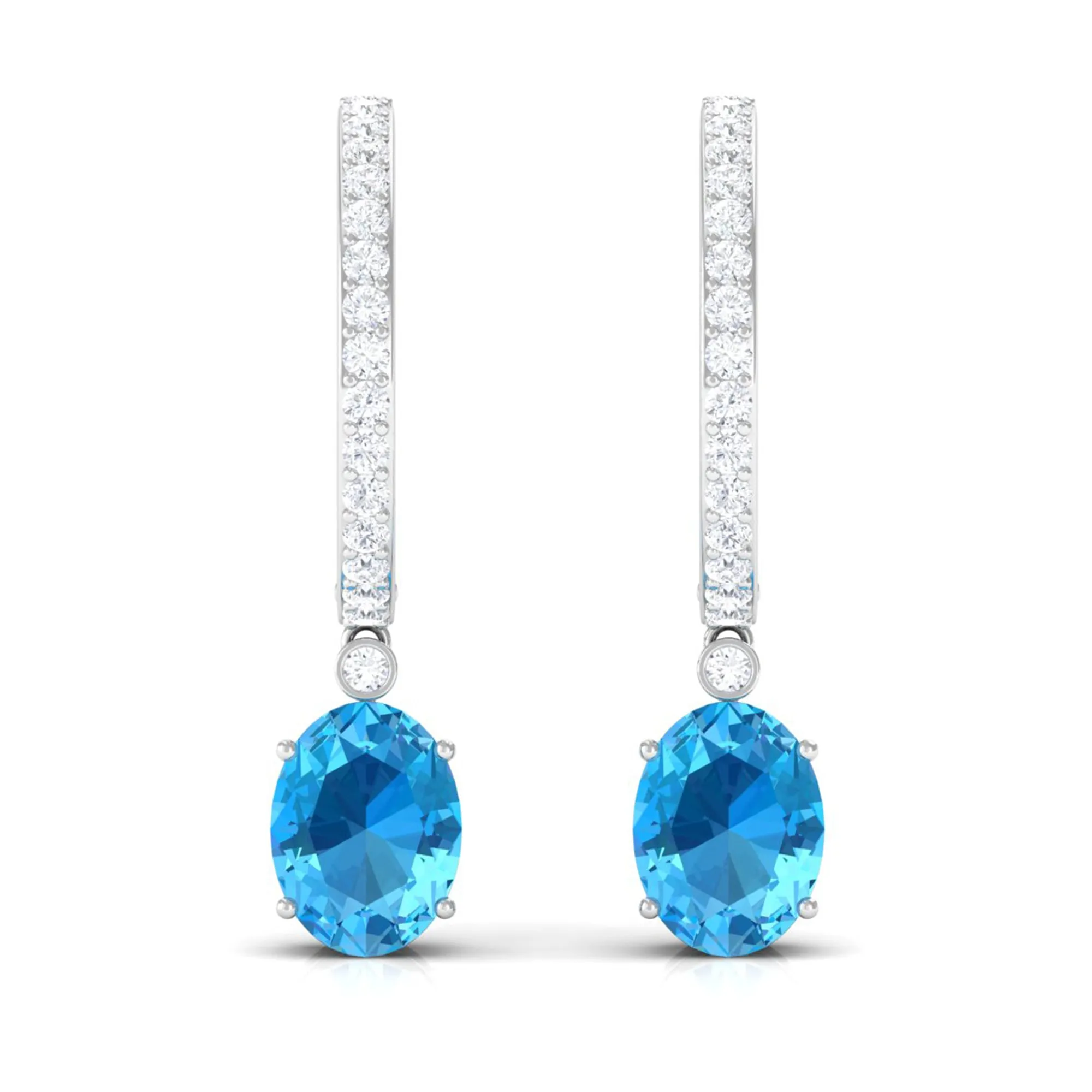 Oval Swiss Blue Topaz and Diamond Hoop Drop Earrings