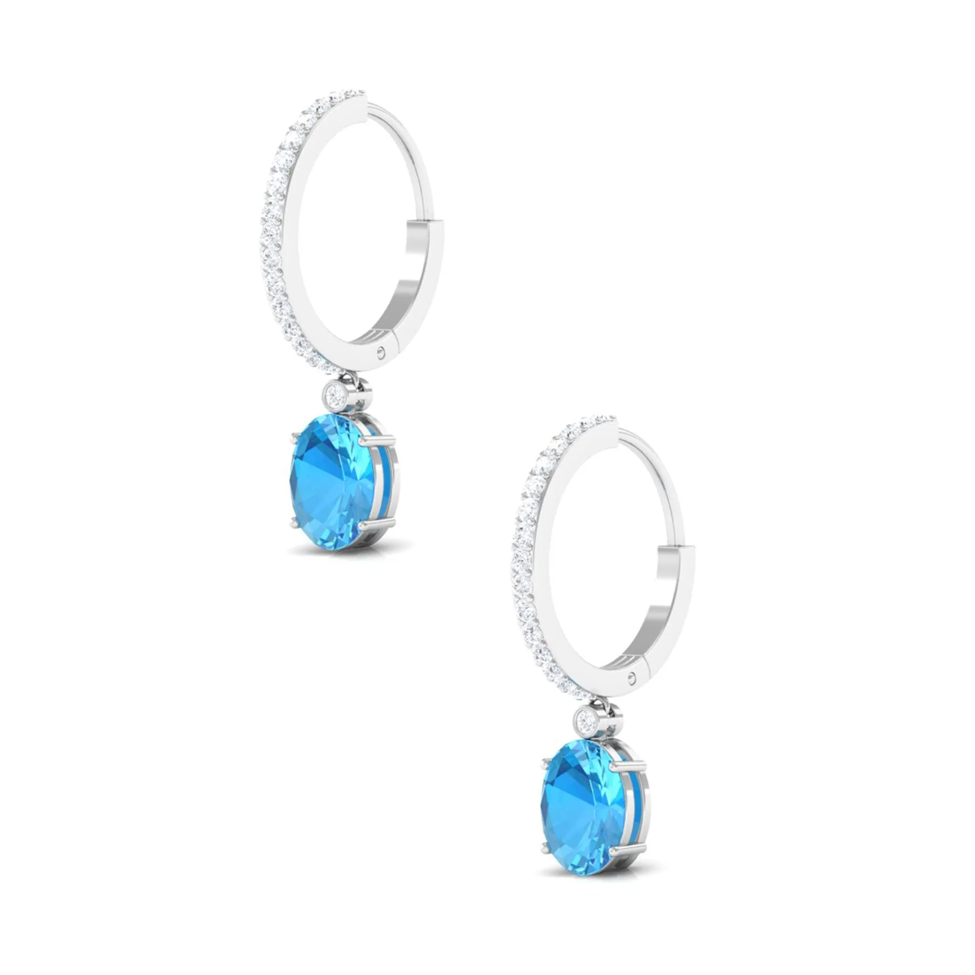 Oval Swiss Blue Topaz and Diamond Hoop Drop Earrings