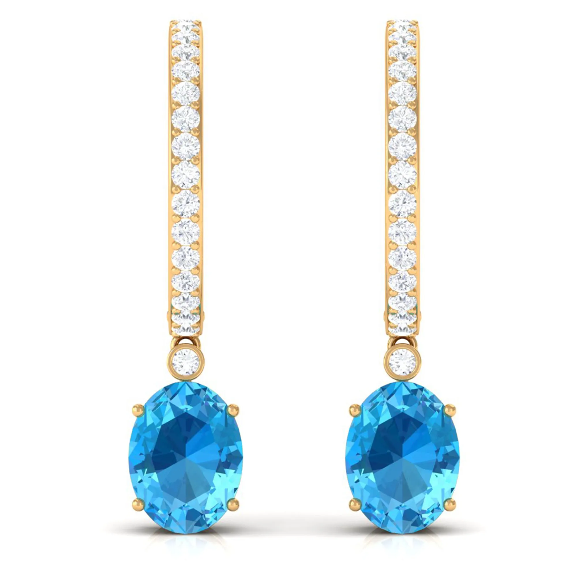 Oval Swiss Blue Topaz and Diamond Hoop Drop Earrings