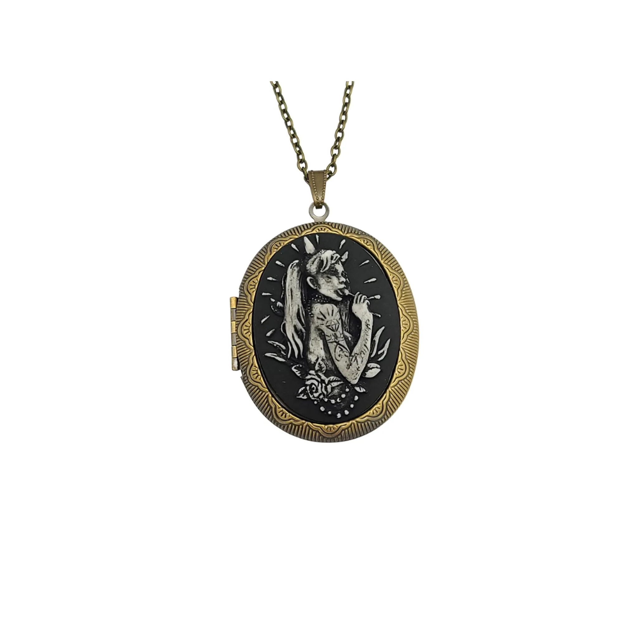 Ox Brass Oval Locket Devil Girl Cameo Photo Locket.