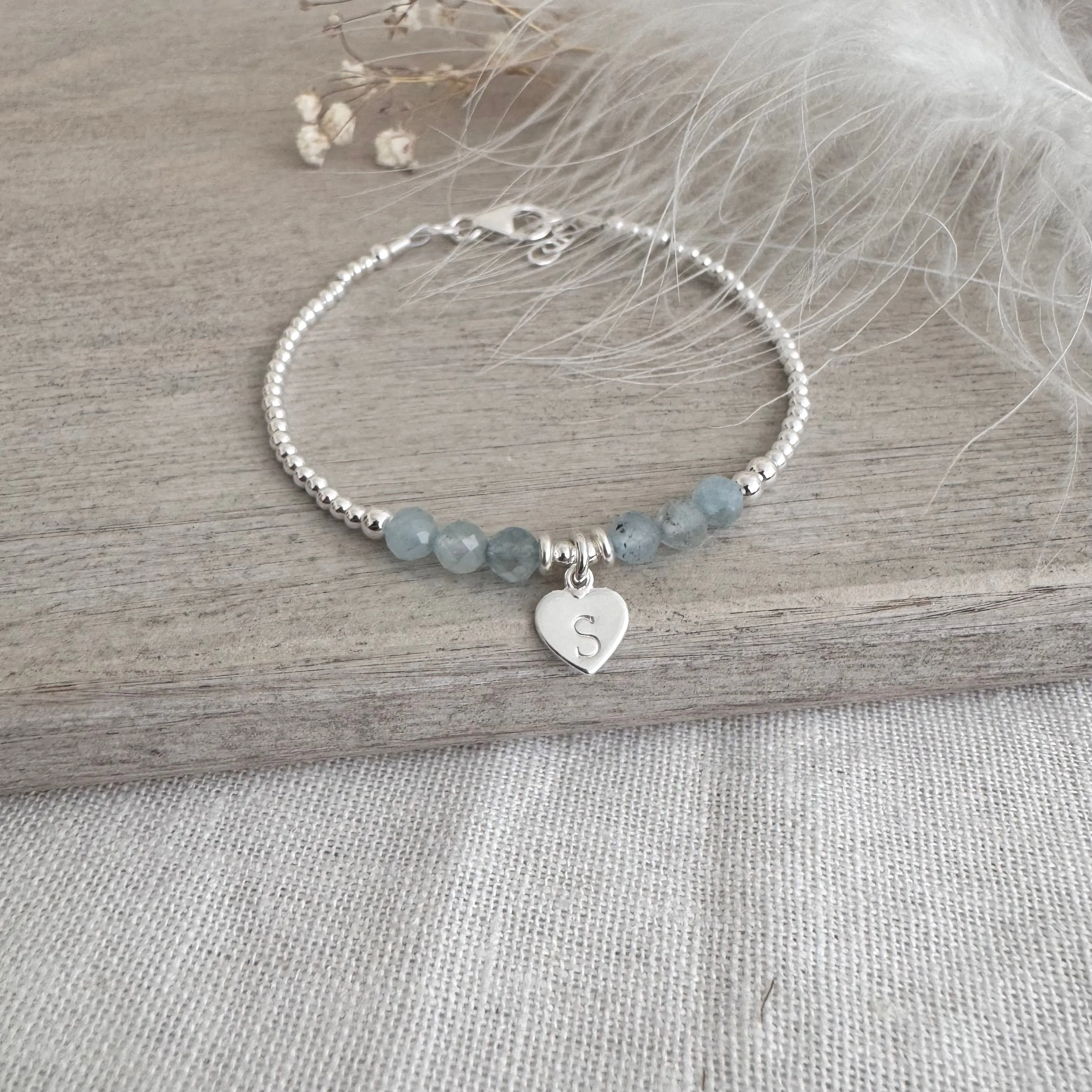 Personalised March Birthstone Bracelet, Dainty Aquamarine Bracelet in Sterling Silver