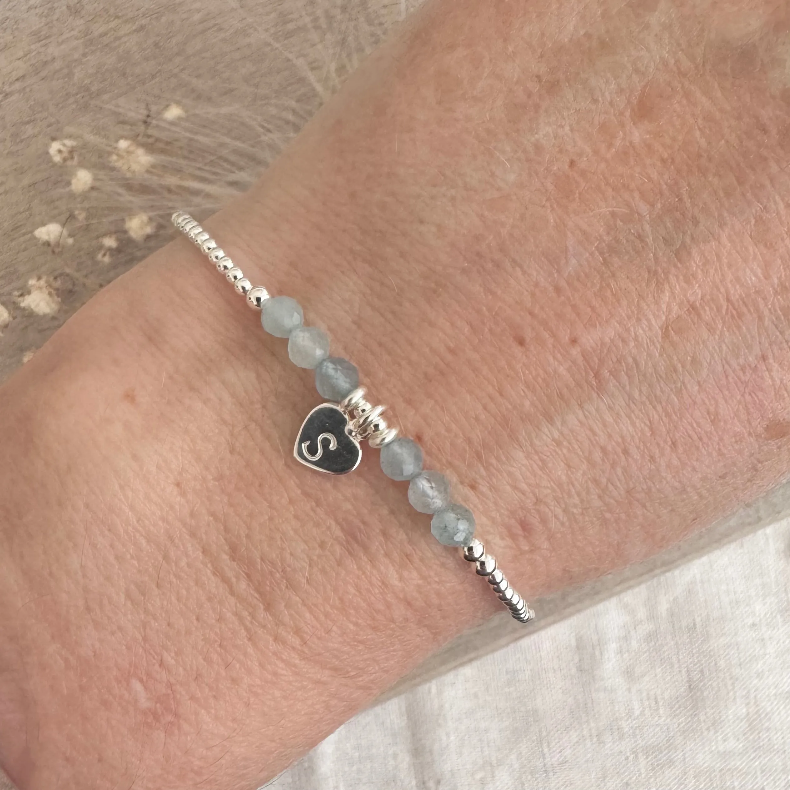 Personalised March Birthstone Bracelet, Dainty Aquamarine Bracelet in Sterling Silver