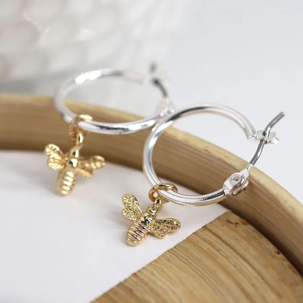 POM 16mm Silver Plated Hoop Earrings with Golden Bee Charm