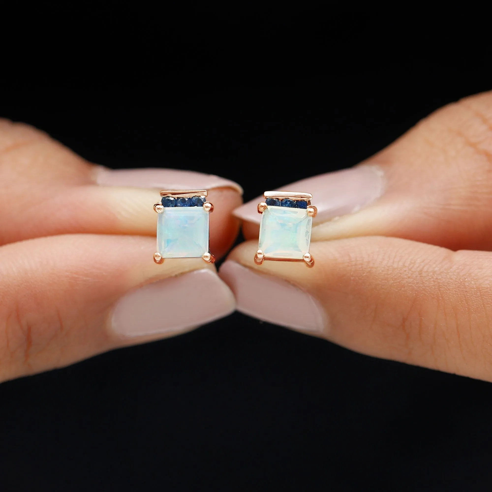 Princess Cut Ethiopian Opal Stud Earrings with Blue Sapphire Trio